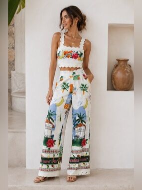 Tropical Print Wide-Leg Pants in White